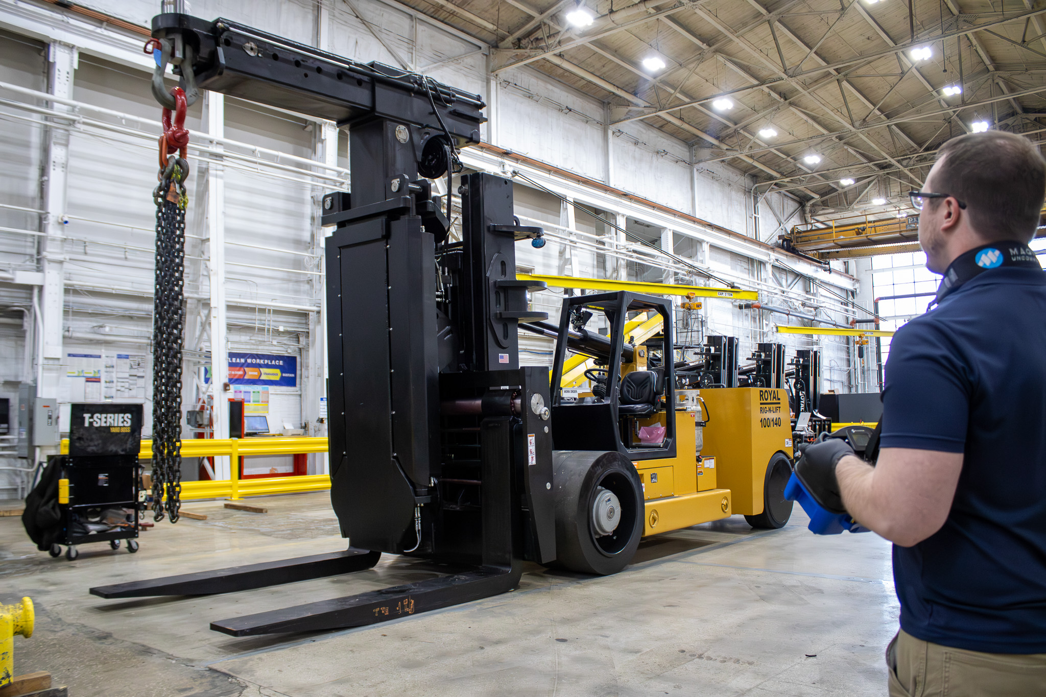 Magnetek remote control for extendable forklift used in machinery moving