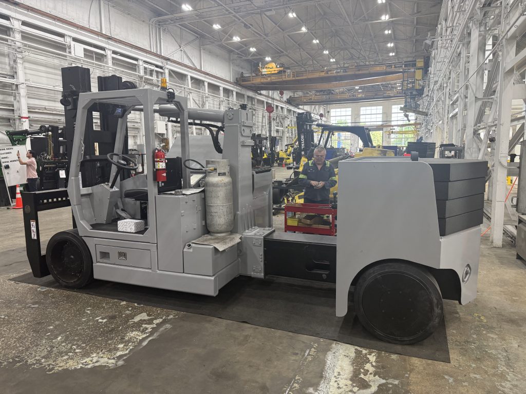 Versa Lift 40/60 undergoing refurbishment inside the Forklift Exchange shop.