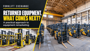 Forklifts and reach trucks in a warehouse beside the headline “Returned equipment. What comes next?”
