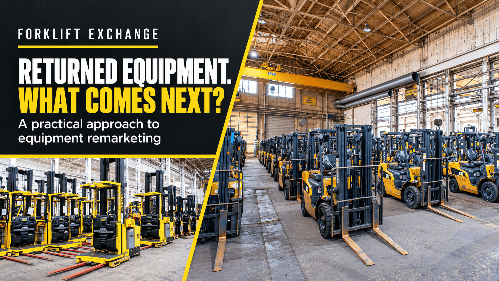 Home Forklifts and reach trucks in a warehouse beside the headline “Returned equipment. What comes next?”