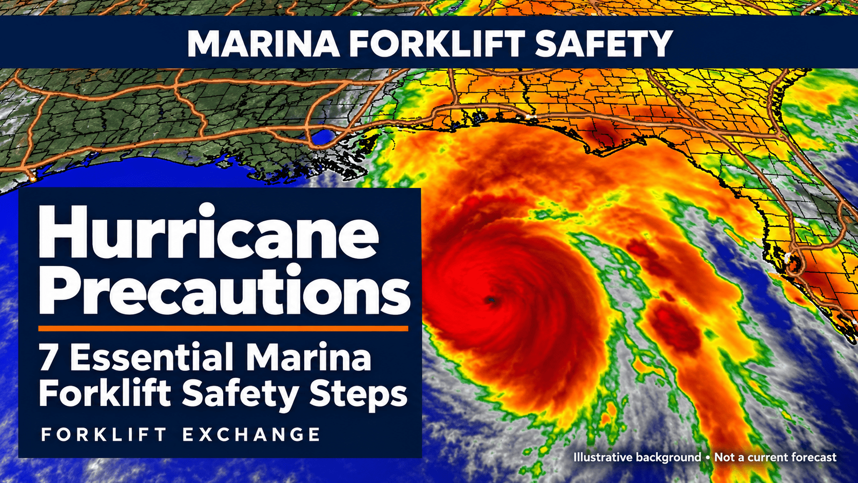 Home Hurricane precautions for marina forklifts, with a title card over a hurricane satellite map.
