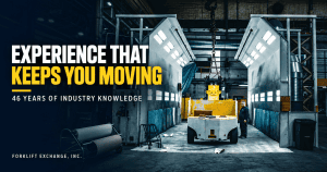 Material handling solutions from Forklift Exchange, featuring a forklift and technician in an industrial workshop.