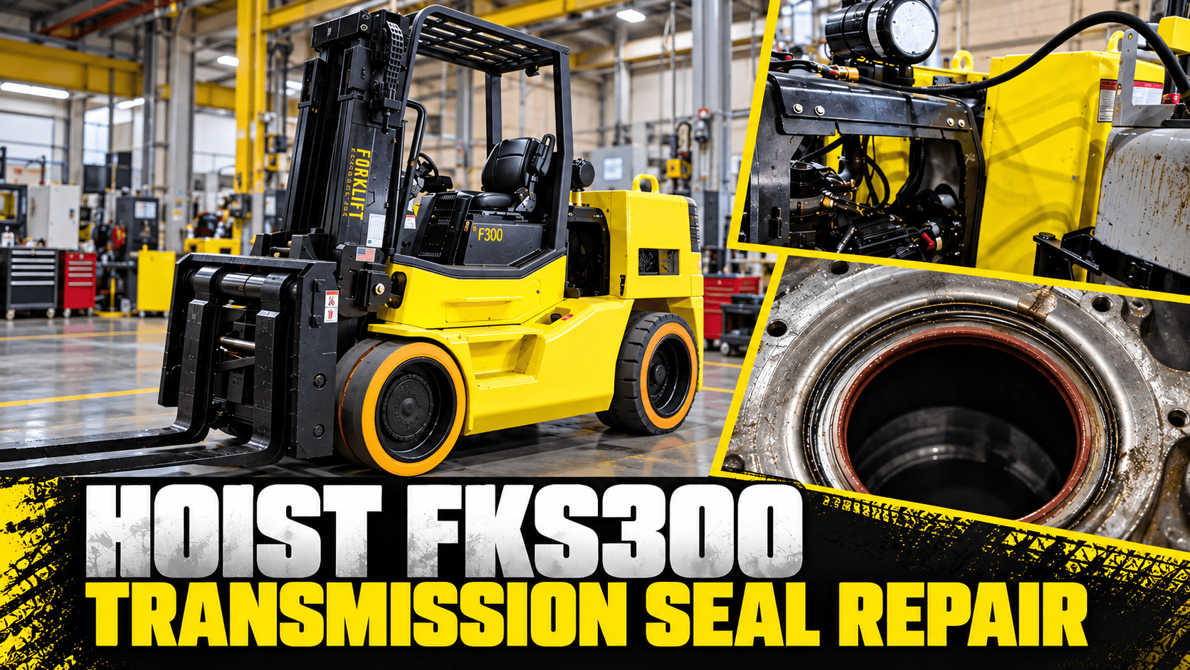Hoist FKS300 transmission seal repair showing the forklift, engine access, and failed seal.