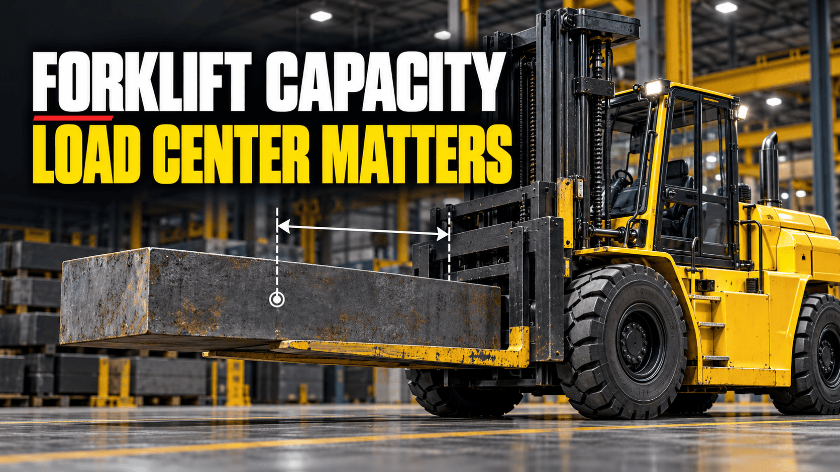 Forklift load center measurement on a high-capacity forklift carrying a long steel load.